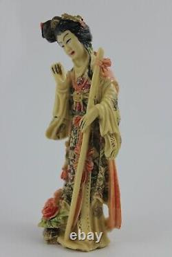 Vintage Chinese Woman Statute Walking Stick Hand Carved Polystone 16cm Signed