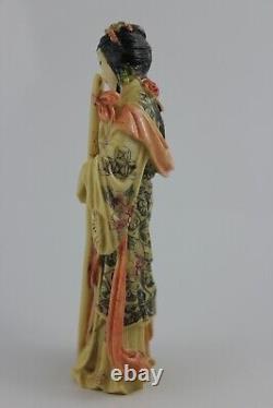 Vintage Chinese Woman Statute Walking Stick Hand Carved Polystone 16cm Signed