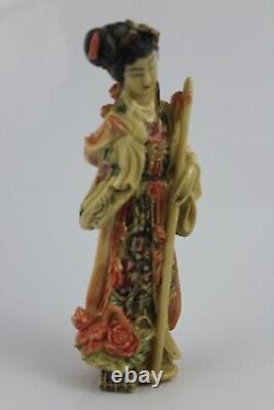 Vintage Chinese Woman Statute Walking Stick Hand Carved Polystone 16cm Signed