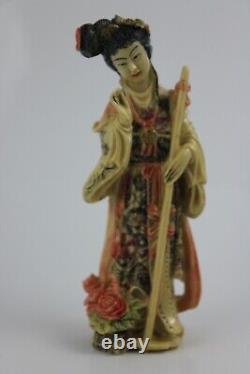 Vintage Chinese Woman Statute Walking Stick Hand Carved Polystone 16cm Signed