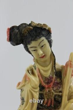 Vintage Chinese Woman Statute Walking Stick Hand Carved Polystone 16cm Signed