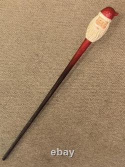 Vintage Christmas Walking Stick / Cane Hand-Carved & Painted Santa Claus Top