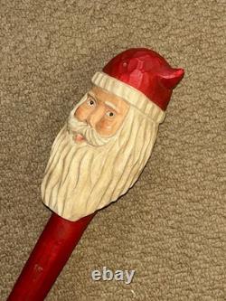 Vintage Christmas Walking Stick / Cane Hand-Carved & Painted Santa Claus Top