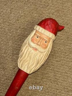 Vintage Christmas Walking Stick / Cane Hand-Carved & Painted Santa Claus Top