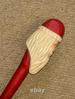 Vintage Christmas Walking Stick / Cane Hand-Carved & Painted Santa Claus Top