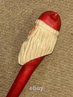 Vintage Christmas Walking Stick / Cane Hand-Carved & Painted Santa Claus Top
