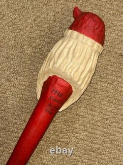 Vintage Christmas Walking Stick / Cane Hand-Carved & Painted Santa Claus Top