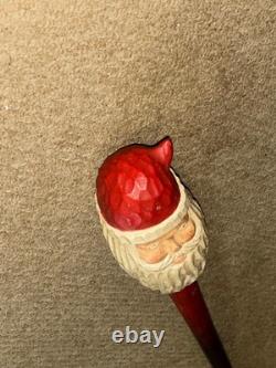 Vintage Christmas Walking Stick / Cane Hand-Carved & Painted Santa Claus Top