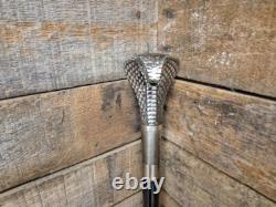 Vintage Cobra Head Walking Stick Black Shaft Silver Coloured Metal Cobra