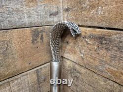 Vintage Cobra Head Walking Stick Black Shaft Silver Coloured Metal Cobra