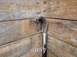Vintage Cobra Head Walking Stick Black Shaft Silver Coloured Metal Cobra