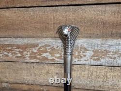 Vintage Cobra Head Walking Stick Black Shaft Silver Coloured Metal Cobra
