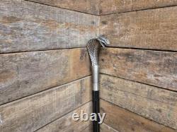 Vintage Cobra Head Walking Stick Black Shaft Silver Coloured Metal Cobra