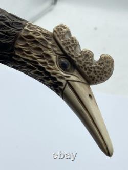 Vintage Coromandel & Carved Faux Antler Birds Head Walking Stick