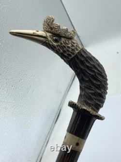 Vintage Coromandel & Carved Faux Antler Birds Head Walking Stick