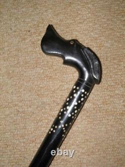 Vintage Ebony Tribal African Walking Stick With Hand-Carved Dog Head Top 90cm
