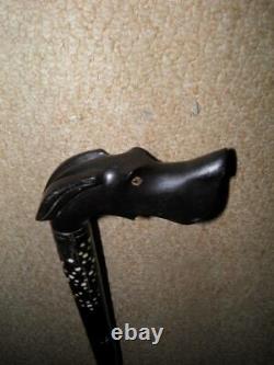 Vintage Ebony Tribal African Walking Stick With Hand-Carved Dog Head Top 90cm