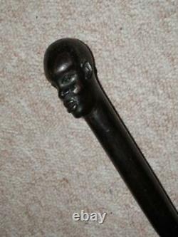 Vintage Ebony Twisted Walking Stick With Hand-Carved Ethnic/African Man Top 90cm