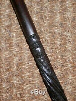 Vintage Exotic Wood Walking Stick With Shaped Top And Hand Carved Spiral Pattern