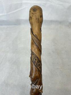 Vintage Folk Art Walking Stick Carved With Dogs, Hares, Snakes. T Collis 1927