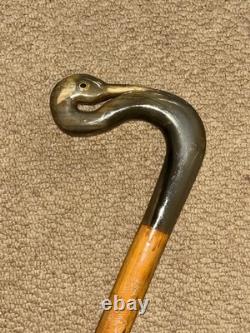 Vintage Fruitwood Walking Stick / Cane Hand-Carved Bovine Horn Swan Handle