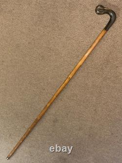 Vintage Fruitwood Walking Stick / Cane Hand-Carved Bovine Horn Swan Handle