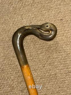 Vintage Fruitwood Walking Stick / Cane Hand-Carved Bovine Horn Swan Handle