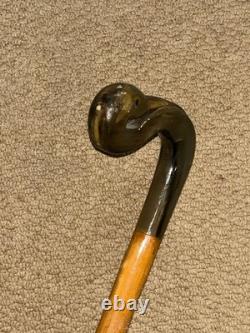 Vintage Fruitwood Walking Stick / Cane Hand-Carved Bovine Horn Swan Handle