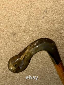 Vintage Fruitwood Walking Stick / Cane Hand-Carved Bovine Horn Swan Handle