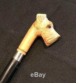 Vintage Gentleman's Walking Stick Cane with Hand Carved Terrier Dog Handle