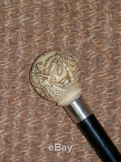 Vintage Hand Carved Ball Top Hallmarked Silver Collar 1937 London Walking Stick