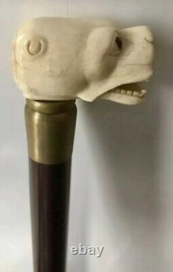 Vintage Hand Carved Bovine Bone Head Handle Walking Cane Stick