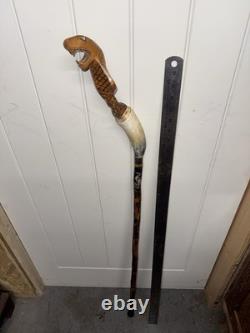 Vintage Hand Carved Cobra Walking Stick Horn Handle Snake Folk Art Cane
