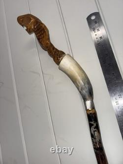 Vintage Hand Carved Cobra Walking Stick Horn Handle Snake Folk Art Cane
