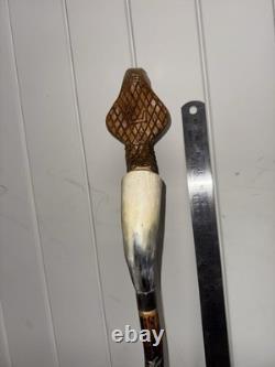 Vintage Hand Carved Cobra Walking Stick Horn Handle Snake Folk Art Cane