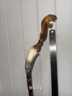 Vintage Hand Carved Cobra Walking Stick Horn Handle Snake Folk Art Cane