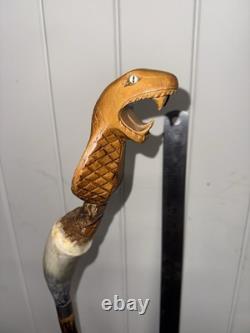 Vintage Hand Carved Cobra Walking Stick Horn Handle Snake Folk Art Cane
