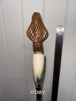 Vintage Hand Carved Cobra Walking Stick Horn Handle Snake Folk Art Cane