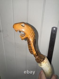 Vintage Hand Carved Cobra Walking Stick Horn Handle Snake Folk Art Cane