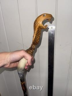 Vintage Hand Carved Cobra Walking Stick Horn Handle Snake Folk Art Cane