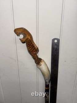 Vintage Hand Carved Cobra Walking Stick Horn Handle Snake Folk Art Cane