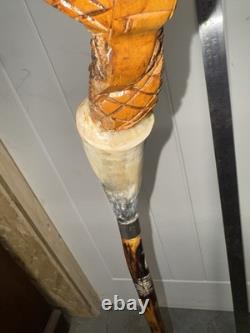 Vintage Hand Carved Cobra Walking Stick Horn Handle Snake Folk Art Cane
