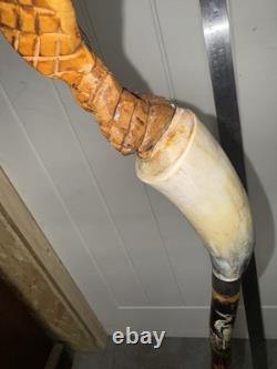Vintage Hand Carved Cobra Walking Stick Horn Handle Snake Folk Art Cane