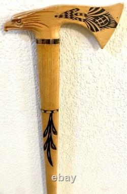 Vintage Hand Carved Eagle Tomahawk Wood Shaft Walking Cane Stick 35 Long