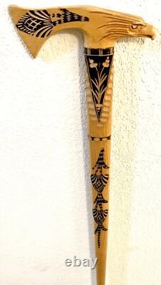 Vintage Hand Carved Eagle Tomahawk Wood Shaft Walking Cane Stick 35 Long