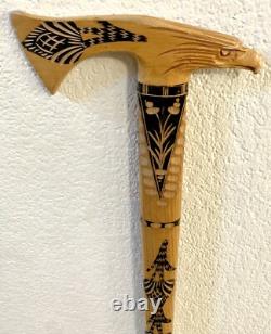 Vintage Hand Carved Eagle Tomahawk Wood Shaft Walking Cane Stick 35 Long