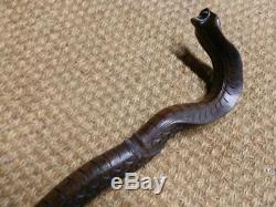 Vintage Hand Carved Ebony Wood Snake Walking Stick With Detailed Scale Pattern