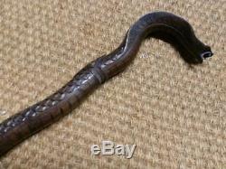 Vintage Hand Carved Ebony Wood Snake Walking Stick With Detailed Scale Pattern