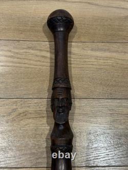 Vintage Hand Carved Hardwood Folk Art Walking Stick Figural Portrait Cane