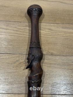 Vintage Hand Carved Hardwood Folk Art Walking Stick Figural Portrait Cane
